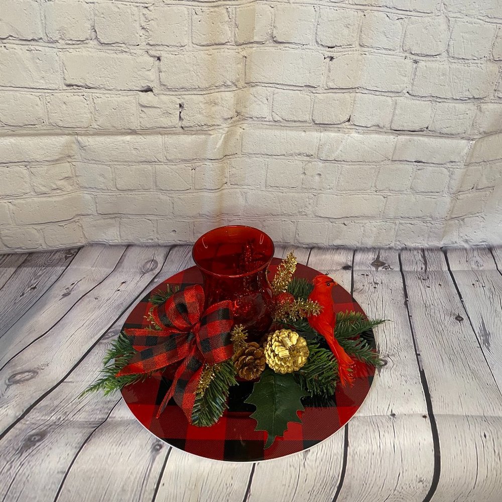 Christmas Cardinal Charger plate and center piece set buffalo plaid RED BLACK
